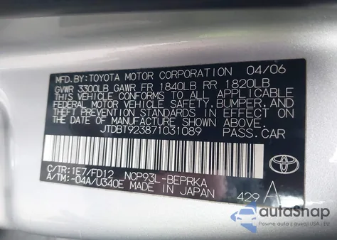 2007 Toyota Yaris S from USA, damaged, VIN JTDBT923871031089